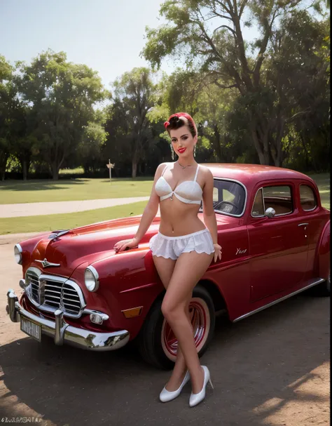 uma fotografia hiper-realista de uma bela modelo pin-up rockabilly encostada em um carro hot rod no estacionamento de uma lanchonete estilo anos 50, with an interesting camera angle and perspective, volumetric lighting, profundidade de campo, professional ...