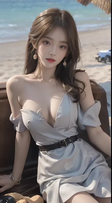 (masterpiece, best quality:1.2), 1girl, solo, ((bare shoulders)), (actual:1.37), ((lying on a beach)), ((Bird&#39;s eye view shot)), Sweet maiden, beautiful妆容, Exquisite makeup, Extremely beautiful eyes, long hair, curls, slim body, ((big breasts, Big brea...