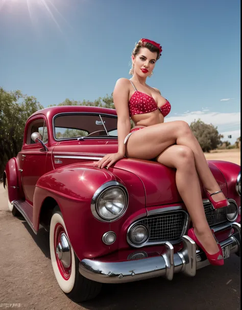 uma fotografia hiper-realista de uma bela modelo pin-up rockabilly encostada em um carro hot rod no estacionamento de uma lanchonete estilo anos 50, with an interesting camera angle and perspective, volumetric lighting, profundidade de campo, professional ...