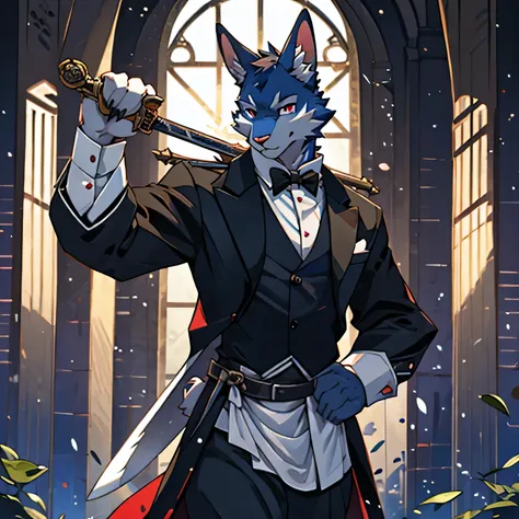 4K, actual, high detail, super detailed, Eyes detailed，Fashion clothing，rabbit，Long-eared rabbits，blue fur，Red eyes，Slender figure，aldult，male，Butler outfit，arrogant，one handed sword，knight sword