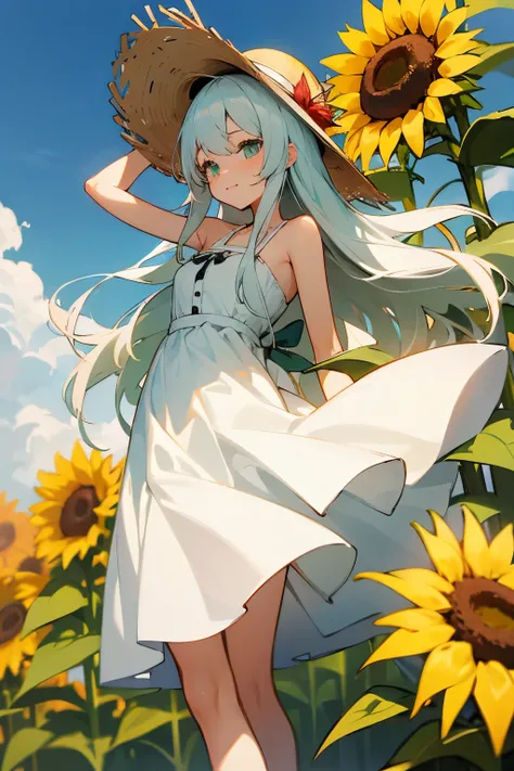 white dresses，White canvas shoeature girls，long white hair，Light green eyes，Wearing a straw hat，Sunflowers in straw hats，adolable，vivaciousness
