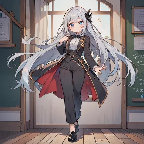 (long silver hair girl),((teach a class)),(pants style with tuxedo),blue eyes,open your mouth, dull smile, full body esbian,(((a...