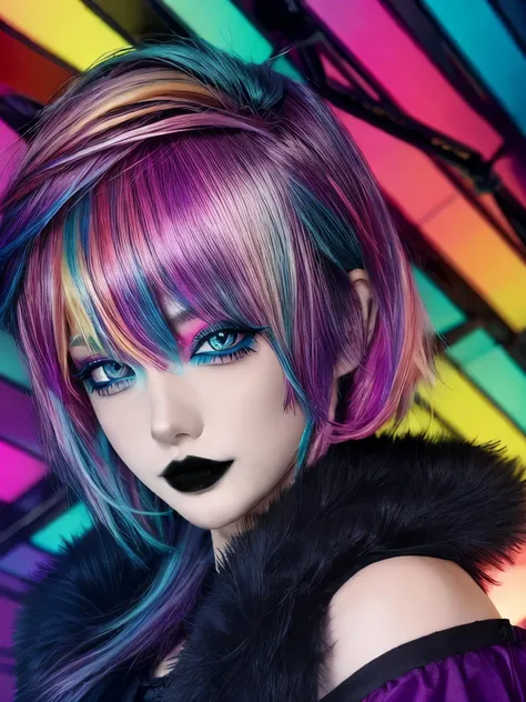 1girl, solo, goth ,short messy hair with long sides, short hair, eyeshadow, mascara, color: spectrum, vivid colors, rainbow hair , bright rainbow hair, perfect eyes, detailed eyes, medium breasts, indoors  , highly detailed, cute, full body shot, smile