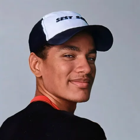 a close up of a man wearing a baseball cap and a black shirt