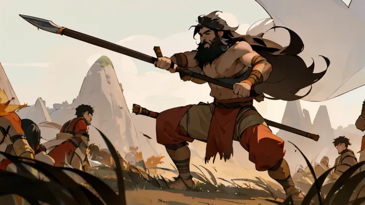 masterpiece, 4K, 8K, best quality, wallpaper, 1Man, solo, male focus, looking at viewer, black eyes, , fantasy, long hair messy, has a beard, man at his 30, asian, barbarian, full shot body, in the middle of a savanna, fighting a horde