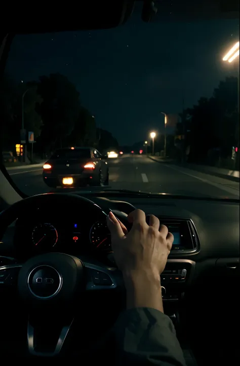 Ultra realistic, cinematic, car dashboard, night, looking outside, front, highway, hands