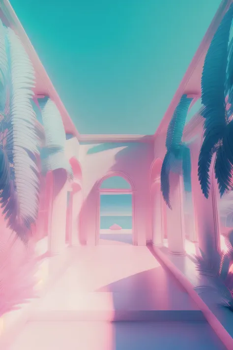 une pièce simple, aesthetic window, des palmiers et une lumière rose douce, onde de vapeur, c4d , unreal engine 5 , ambiance, co...