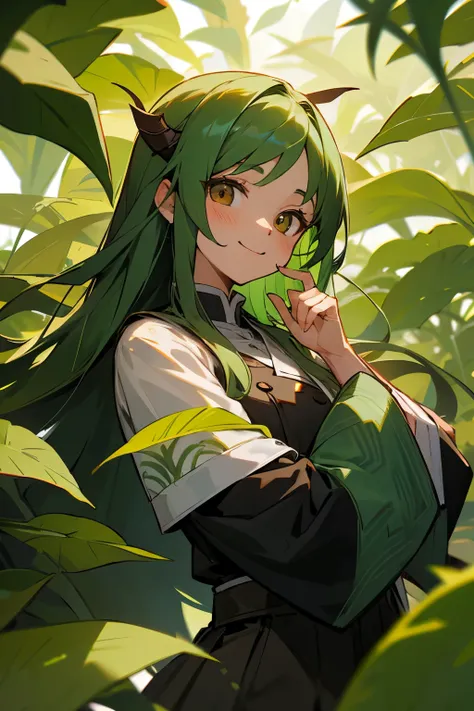 1girl, dark green hair, brown eyes, quiet, happy, calm, smile, cute, long hair, doe eyes, green haori, demon slayer uniform, leaves in hair, vine crown, vines, leaves, plants
