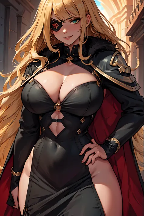 ((masterpiece)), ((best quality)), 1girl, adult, long hair, big bust, ((blonde hair)), very long blonde hair, ((intimidant look)), ((close-up)), profile image, green eyes, black and red clothes, sexy, dark colors, brillant eyes, ((coat with fur)), ((wavy h...