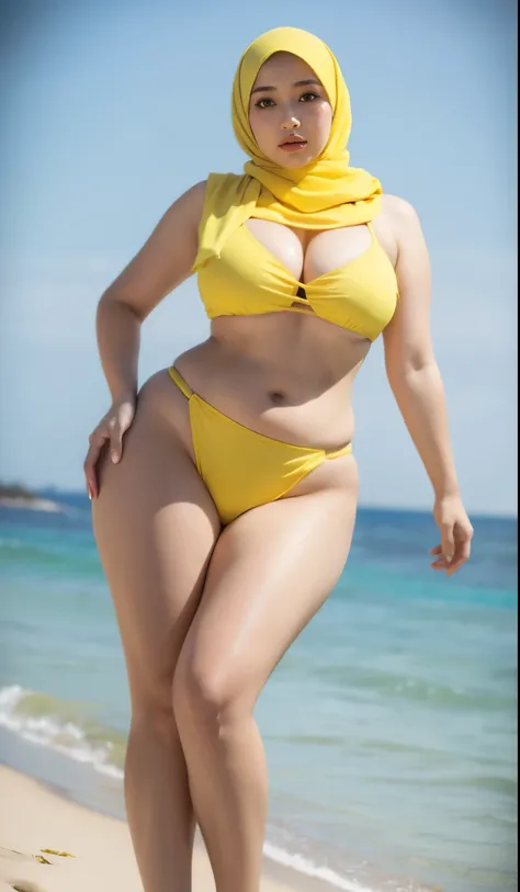 1 girl, modern plain hijab, shy, full portrait, watery eyes, wearing yellow bikini , ((big breasts)), well-proportioned body,, chubby massive thighs, full body pose, cleavage, thight high, sexy bikini, naughty, gigantic breasts, massive breasts , thick hig...