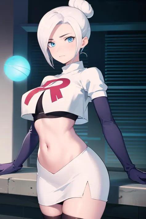 winterschnee, winter schnee, blue eyes, white hair, hair bun, single hair bun,
BREAK team rocket,team rocket uniform, red letter R, white skirt,white crop top,black thigh-highs,black elbow gloves
BREAK looking at viewer, (cowboy shot:1.5),
BREAK (masterpie...