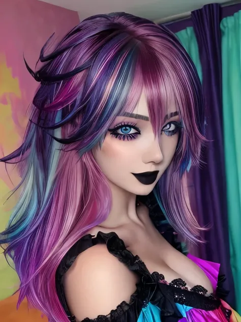 1girl, solo, goth ,long messy hair with long sides, short hair, eyeshadow, mascara, color: spectrum, vivid colors, rainbow hair , bright rainbow hair, perfect eyes, detailed eyes, medium breasts, indoors  , highly detailed, cute, full body view, smile, bed...