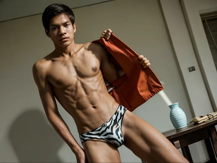 teenage boy ,Thai person, ,handsome,Put on a shirt, Wear tiger print underwear , Slim figure , No muscles. , ,No muscles. ,lean skinny, Stand and see the whole thing. , There is a seashore. , daytime