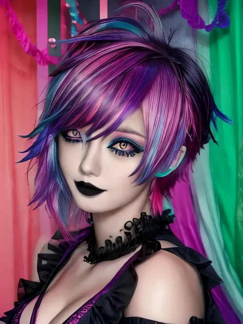 1girl, solo, goth ,short messy hair with long sides, short hair, eyeshadow, mascara, color: spectrum, vivid colors, rainbow hair , bright rainbow hair, medium breasts, indoors  , highly detailed, cute, full body shot, smile, bedroom, big breasts, ruffle tr...