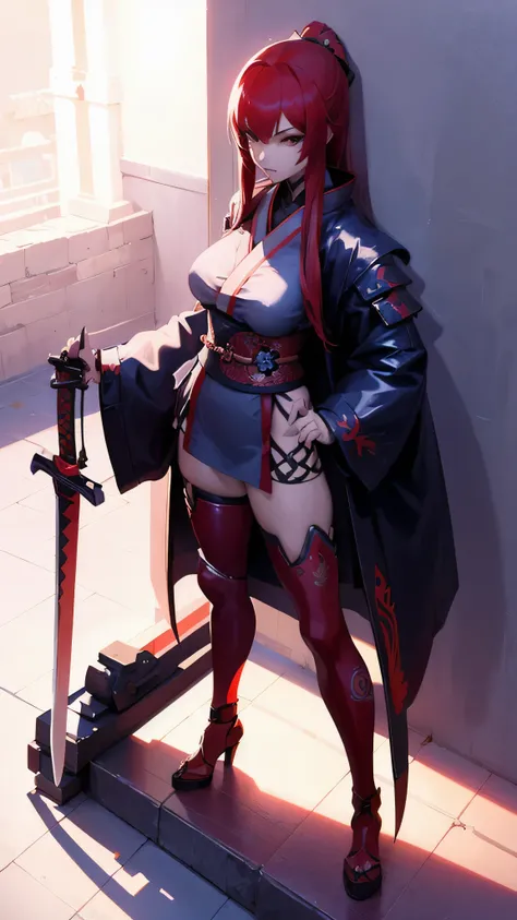 a woman kneeling down with a sword in her hand,very beautiful cyberpunk samurai,she is holding a katana sword,unsheathing her katana,she is holding a sword,ornate korean polearm behind her, realistic anime 3D style, cgsociety 9,2.5D cgi anime fantasy artwo...