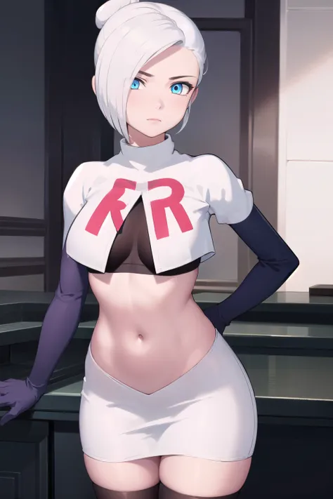 winterschnee, winter schnee, blue eyes, white hair, hair bun, single hair bun,
BREAK team rocket,team rocket uniform, red letter R, white skirt,white crop top,black thigh-highs,black elbow gloves
BREAK looking at viewer, (cowboy shot:1.5),
BREAK (masterpie...