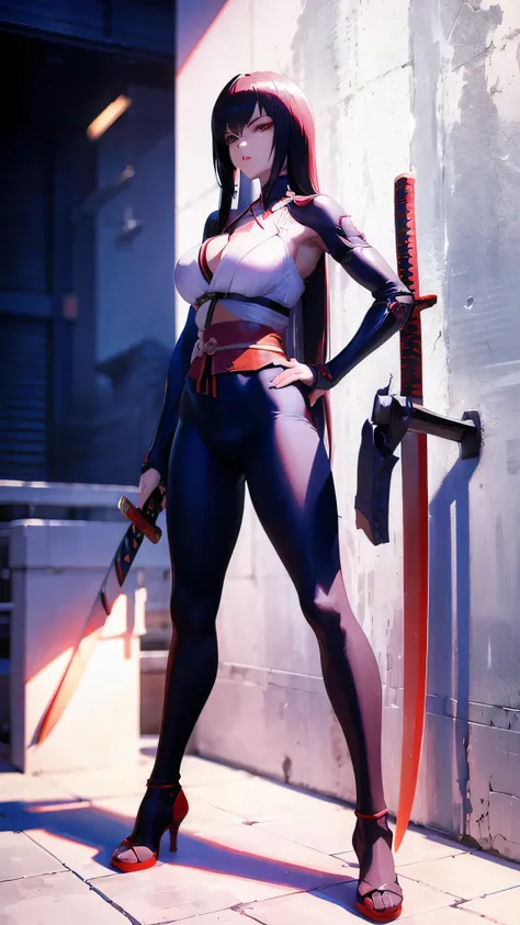 a woman kneeling down with a sword in her hand,very beautiful cyberpunk samurai,she is holding a katana sword,unsheathing her ka...