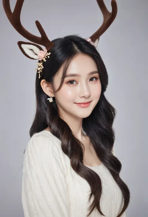 best quality,masterpiece, 1 girl, alone, model shoot, Astonishing, Alina, (((wear))), antlers, deer ears, Look at users, Smile, blush, hairpin,(( braid)), hair accessories, ((hairpin)), 