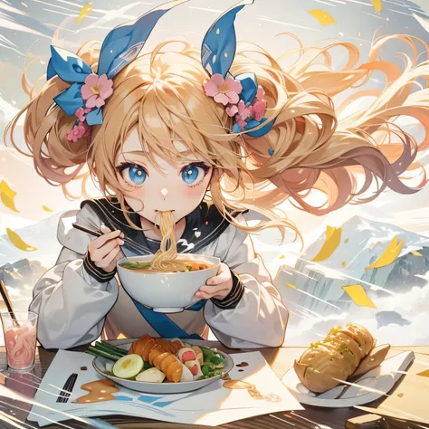 anime girl eating a bowl of food on a table with a plate of food, eating noodles, eat ramen, anime food, splash art anime , anime style 4k, anime moe art style, cute anime girl, (anime girl), Cute girl anime visual, everyone, trending on artstation pixiv, ...