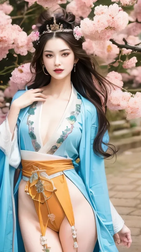 Blue sky and white clouds，Yunshan is far away、tower and many people，pink flowers，Cherry tree，Hanfu woman,Phoenix Crown Tiara、Detailed embroidery、Wearing Hanfu pantyhose、hanfu、Wearing long-sleeved Hanfu、Transparent and clearly visible、Look and、Bare oversize...