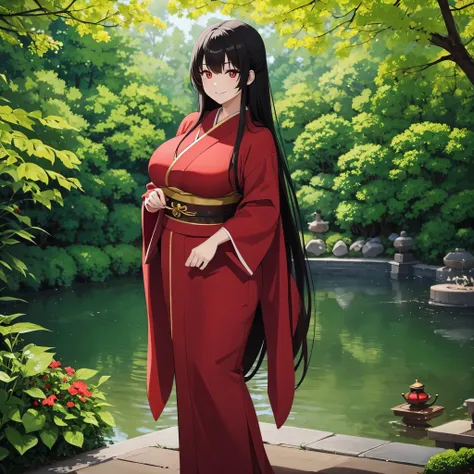 A woman wearing a red kimono with gold details, long black hair, red eyes, big breasts, in a Japanese garden, smiling
