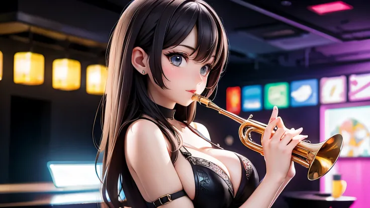 a sexy woman playing the trumpet in a club