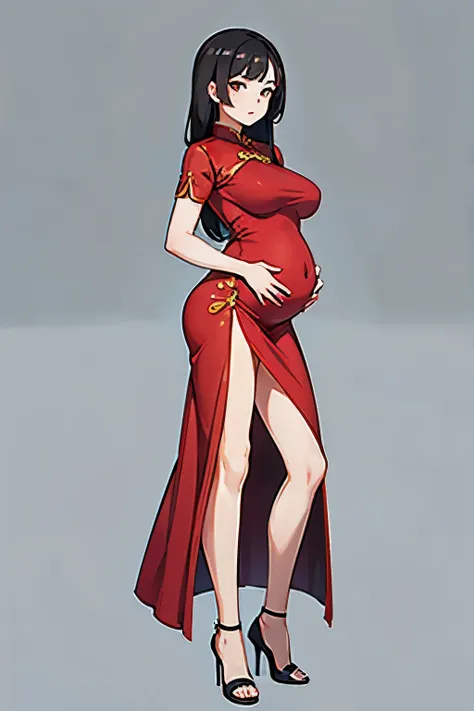 red cheongsam，pregnant woman，black hair，stand，whole body，High heel，blank background