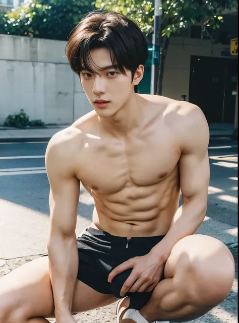 young man, 22 years old, Good looking, Looks like a Korean actor, หน้าตาเหมือน K pop idol, ใบหน้าhandsome, white skin, small mouth, Slender face, very short hair, well care hair, handsome, Confident eyes, fit, Broad shoulders, have abdominal muscles, naked...