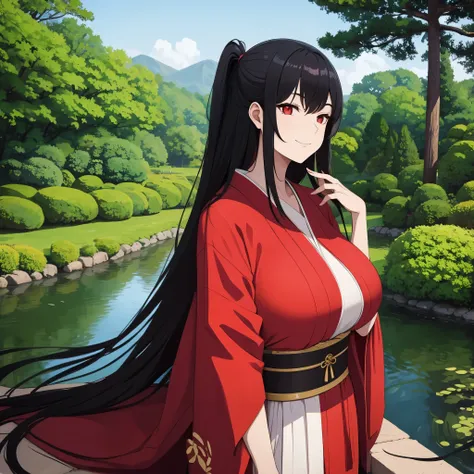 A woman wearing a red kimono with gold details, long black hair, red eyes, big breasts, in a Japanese garden, smiling
