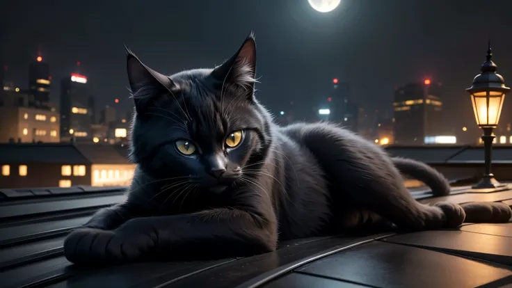 good quality, ultra high resolution，masterpiece, 8K，（reality，detail，close up）night，a black cat，Lie down，On the roof of the city center，whole body effect（（from head to foot）