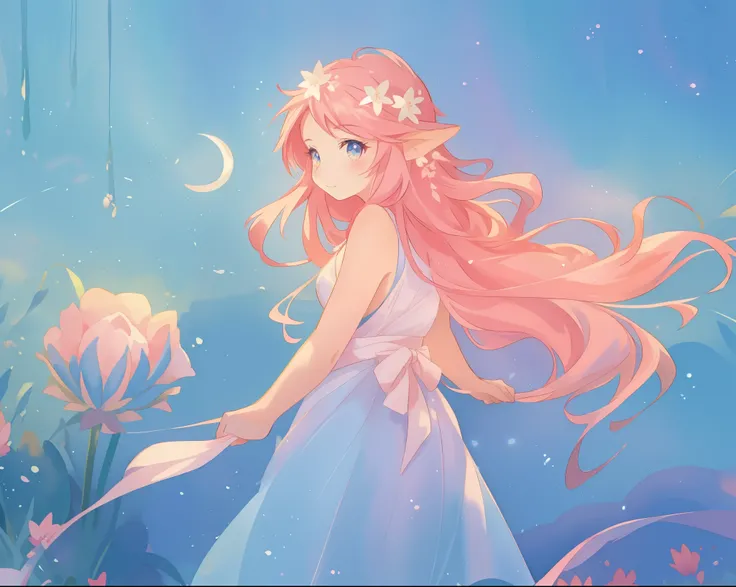 beautiful girl in sparkling flowing dress, long flowing pink hair, colorful fantasia background, watercolor illustration, disney art style, glowing aura around her, glowing lights, beautiful digital illustration, fantasia otherworldly landscape plants flow...