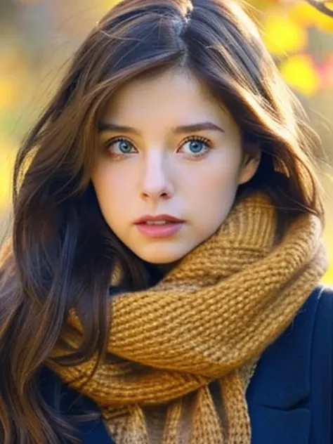 (masterpiece), highest quality, Super detailed, shape, warm lighting, soft lighting, bright colors, 1 girl, alone,( beautiful girl, long hair, blue eyes, ribbon, brown hair, hair between eyes, hair ribbon, side lock, very long hair, messy hair,) , autumn, ...