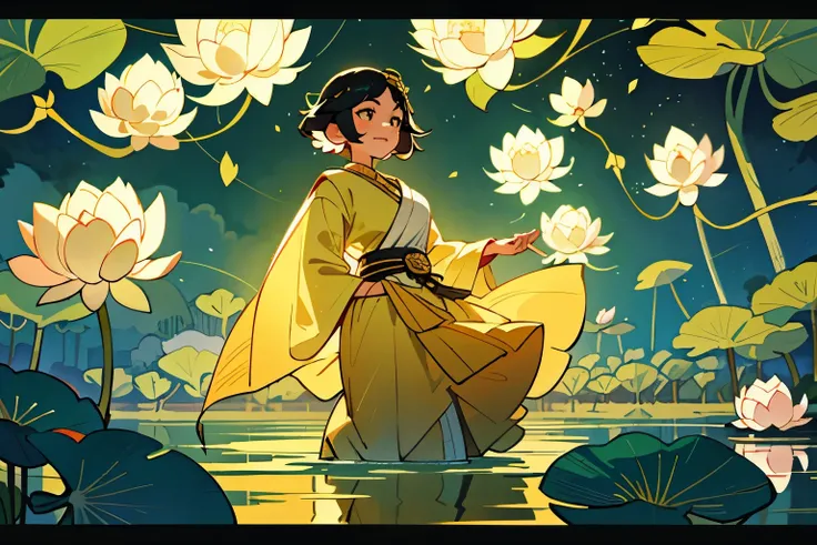 Many lotus flowers are floating on the lake、All the lotus flowers are shining、Lots of balls of light、A beautiful female god stands on a lotus、The god wears a detailed costume with beautiful gold decorations on a white background.、in the forest