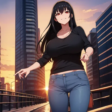 a woman with casual clothes, black hair, red eyes smiling, in a city, sunset, big breasts.
