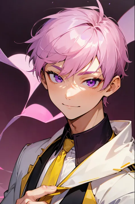 hight resolution, absurderes, Kohakue, Solo, Looking at Viewer, Smile, Short hair, 1boy, Closed mouth, Purple eyes, Pink hair, Male Focus, Ring, Young boy, Portrait, White princes uniform, Yellow necktie
