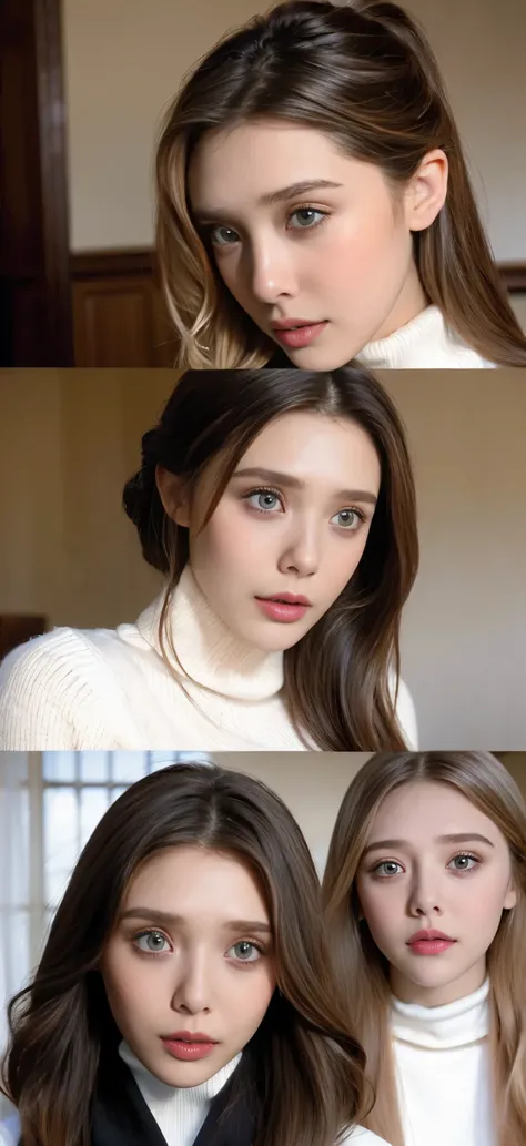 (((The most beautiful photos of three mothers)))、They all have different types and hairstyles，But they are all beautiful.They are star Elizabeth Olsen，Alexandra Daddario，Sydney Sweeney、((Everyone is obscene，breasts too big.))、different postures、Everyone is...