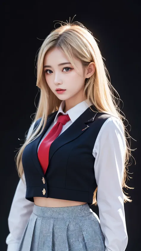 ((((black background、blonde、high school girl、blue uniform、white blouse、red tie、long sleeve、blazer、mini skirt、black background、city、Harajuku、black clothes、face forward、Nordic、long hair)))))))、blonde、(((腰までの長いblonde)))、masutepiece, Best Quality, Photorealsit...