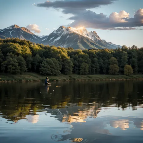 Lonely young man fishing in a lake with his back turned