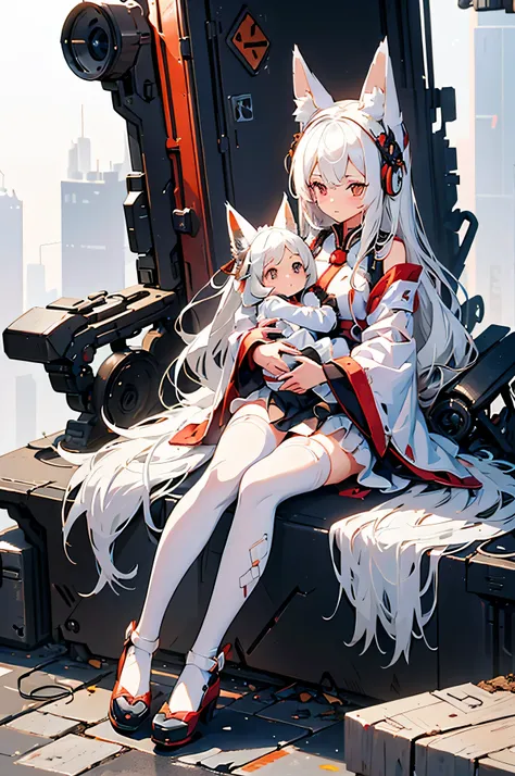 1girl with white hair sedan, fox ears, fox tail, anime style Mecha maiden,((high resolution)), ((best quality))), destroyed city background, alone, Mecha dress, Mecha shoes, Mecha long white socks. was holding his little baby girl who was sleeping while si...