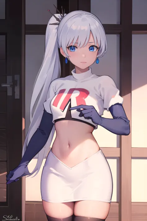 weissschnee, weiss schnee, long hair, blue eyes, hair ornament, ponytail, white hair, side ponytail, scar, tiara, scar on face, scar across eye,
BREAK jewelry, earrings, team rocket,team rocket uniform, red letter R, white skirt,white crop top,black thigh-...