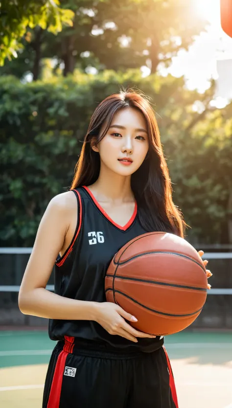 close-up shot of beautiful korean female, 36 inch breasts size, straight hair, wearing black red basketball jersey, holding basketball ball, in basketball court, under the sun 