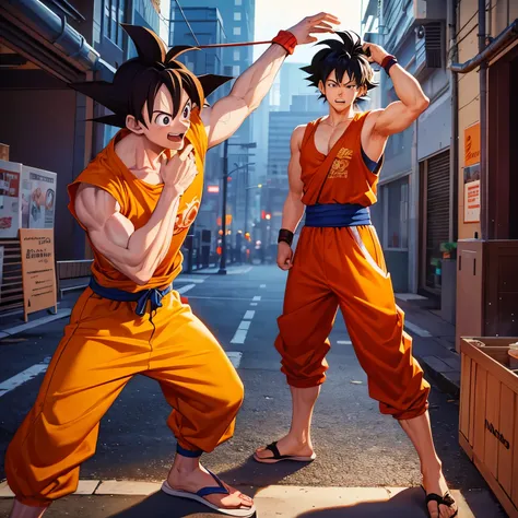 Goku peleando en contra de  luffy dibujado en e estilo cyberpunk