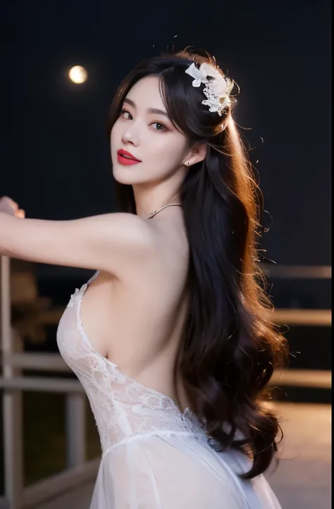 Romantic rose dress 2, ((cow boy shooting)), red lips, a mature woman, cosmetics, lifelike、real picture、((realistically:1.5))、White phalaenopsis around hair，Lilac dendrobium、White Lily、1 girl、brown hair、flowing hair、plump breasts, slim body, Charming legs,...