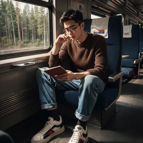 full body, cinematic portrait of an asian man with very short hair with headphones, glasses, sitting on a train seat writing in a notebook, wearing Tommy Hilfiger shoes, sitting in the train aisle, a train without passengers, solo portrait , writing in a j...