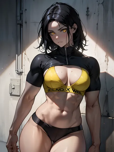 muscular girl thin waist toned body large breasts thick thighs pale skin girl black hair yellow eyes sad chiaroscuro muscular muscular