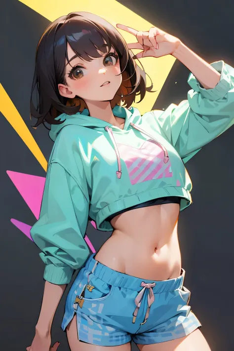 young woman，（​masterpiece，Highest Quality），Crop Top Look，Pastel Hoodie，(Gingham Check Shorts)，A dark-haired,