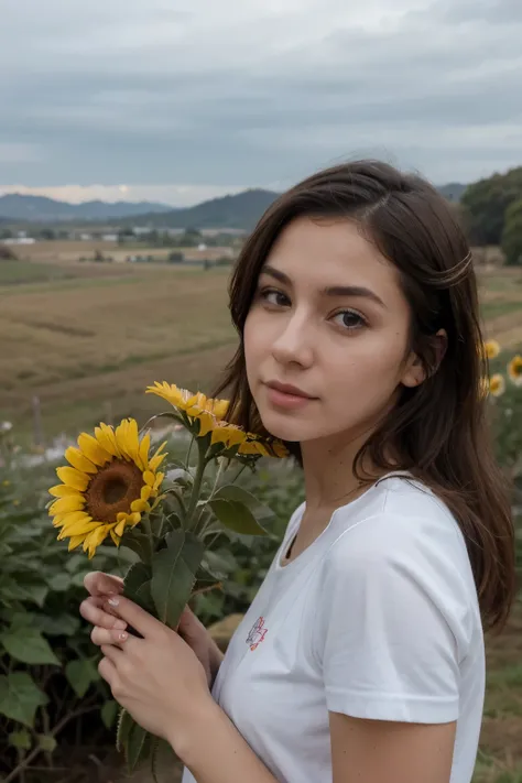 ((Mejor calidad)), ((obra maestra)), (detallado), campo de girasoles y margaritas, con una pareja heterosexual agarrados de las manos mirando hacia al horizonte de espaldas a la imagen. la chica sostiene en su otra mano un girasol y el campo dice de forma ...