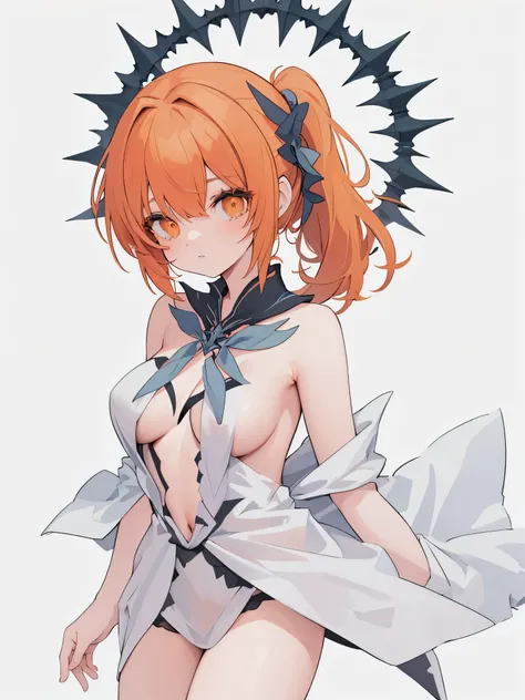 (masterpiece), top quality, detailed, 1girl,solo, outfit-origami, halo, simple background, white background, large breasts, bare legs, portrait photo, photo booth, beautiful, standing, ponytail, orange hair, orange eyes