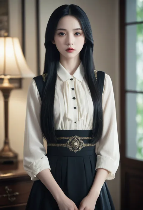 A girl before the age of 13，pale skin，long, black straight hair. big dark eyes , Strong and mysterious expression. Dressed in Orphan Movie Costume Style, A more elegant and refined touch, Something to match her mysterious and strong character.. comprehensi...