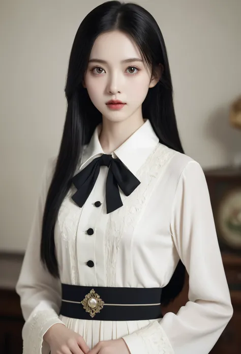 A girl before the age of 13，pale skin，long, black straight hair. big dark eyes , Strong and mysterious expression. Dressed in Orphan Movie Costume Style, A more elegant and refined touch, Something to match her mysterious and strong character.. comprehensi...